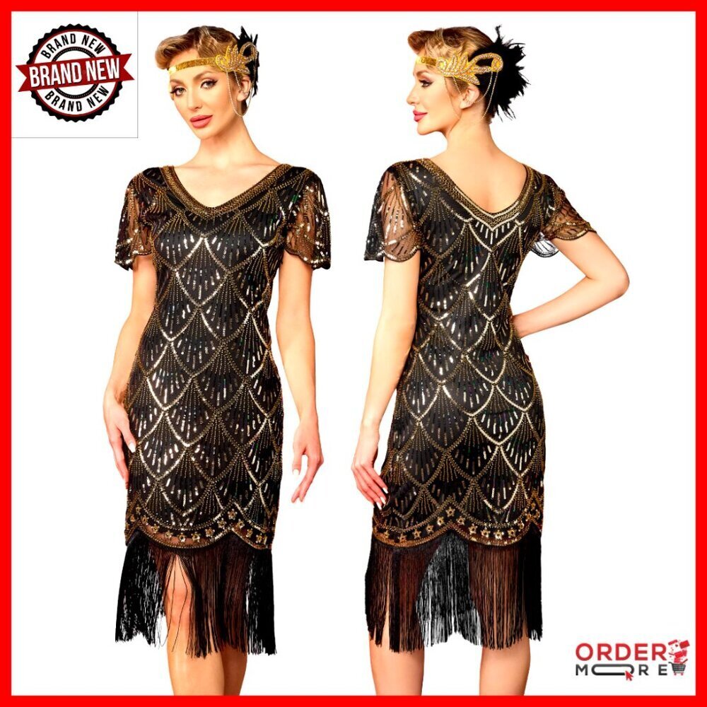 Sequin Fringed Flapper Dress 1920s Gatsby Costume Sizes S-XXXL